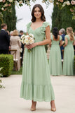 Flutter Sleeve Sweetheart A-Line Chiffon Bridesmaid Dress in Sage