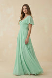 Flutter Sleeve V-Neck Chiffon A-Line Bridesmaid Dress in Pale Pistachio