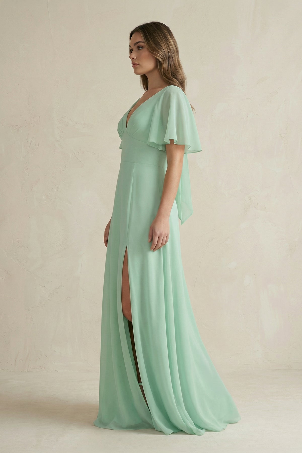 Flutter Sleeve V-Neck A-Line Chiffon Bridesmaid Dress in Pale Pistachio