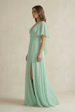 Flutter Sleeve V-Neck A-Line Chiffon Bridesmaid Dress in Pale Pistachio