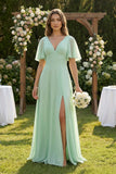Flutter Sleeve V-Neck A-Line Chiffon Bridesmaid Dress in Pale Pistachio