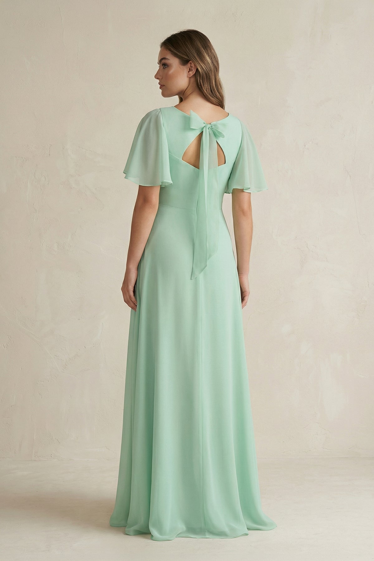 Flutter Sleeve V-Neck A-Line Chiffon Bridesmaid Dress in Pale Pistachio