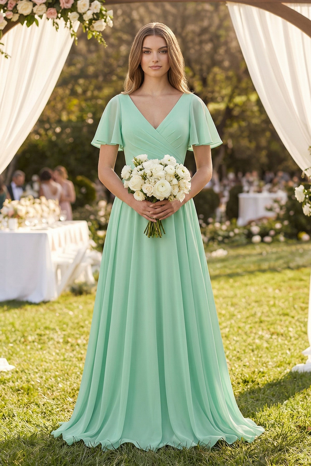 Flutter Sleeve V-Neck Chiffon A-Line Bridesmaid Dress in Pale Pistachio