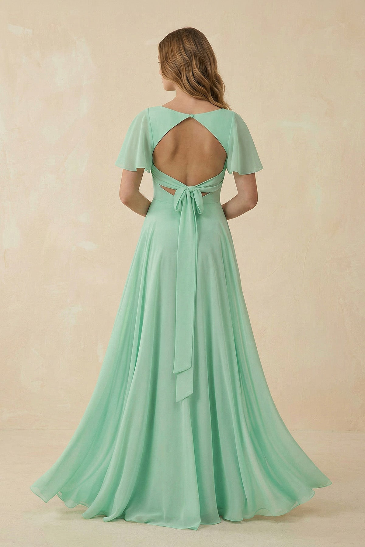 Flutter Sleeve V-Neck Chiffon A-Line Bridesmaid Dress in Pale Pistachio