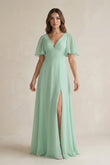 Flutter Sleeve V-Neck A-Line Chiffon Bridesmaid Dress in Pale Pistachio