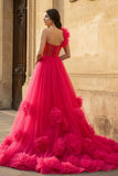Hot Pink Ball Gown One-Shoulder Tulle Prom Dresses