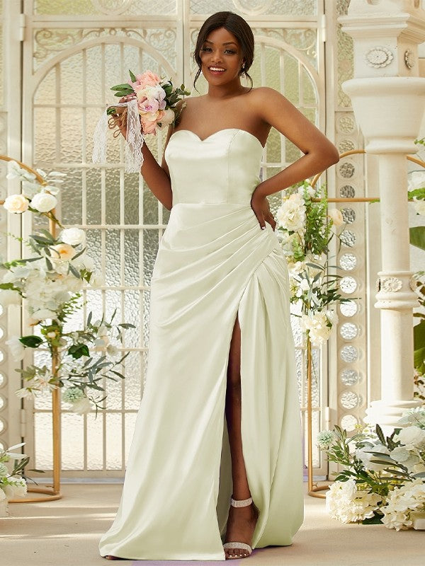 Sheath/Column Silk like Satin Ruched Sweetheart Sleeveless Sweep/Brush Train Bridesmaid Dresses Evening Dress
