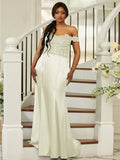 Sheath/Column Silk like Satin Applique Off-the-Shoulder Sleeveless Sweep/Brush Train Bridesmaid Dresses Evening Dress