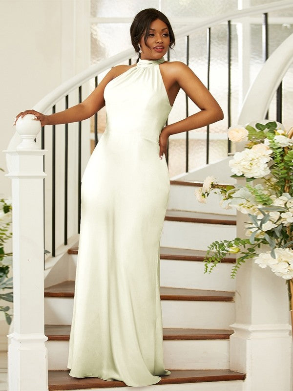Sheath/Column Silk like Satin Ruched Halter Sleeveless Floor-Length Bridesmaid Dresses Evening Dress