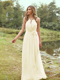 A-Line/Princess Chiffon Ruffles Halter Sleeveless Sweep/Brush Train Bridesmaid Dresses	Evening Prom Dress