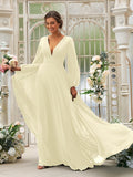 Vestido de dama de honor de corte A/princesa, de gasa, con volantes, escote en V, mangas largas y cola larga, vestido para madre de la novia