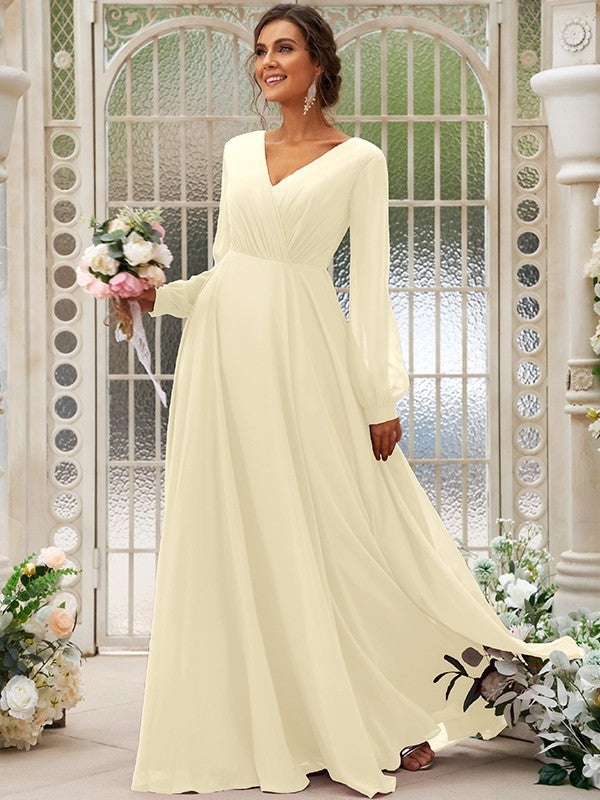 A-Line/Princess Chiffon Ruched V-neck Long Sleeves Floor-Length Bridesmaid Dresses Mother of the Bride Dress