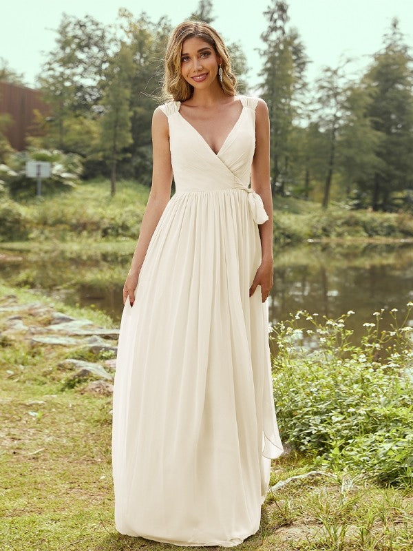 A-Line/Princess Chiffon Ruffles V-neck Sleeveless Floor-Length Bridesmaid Dresses Evening Prom Dress