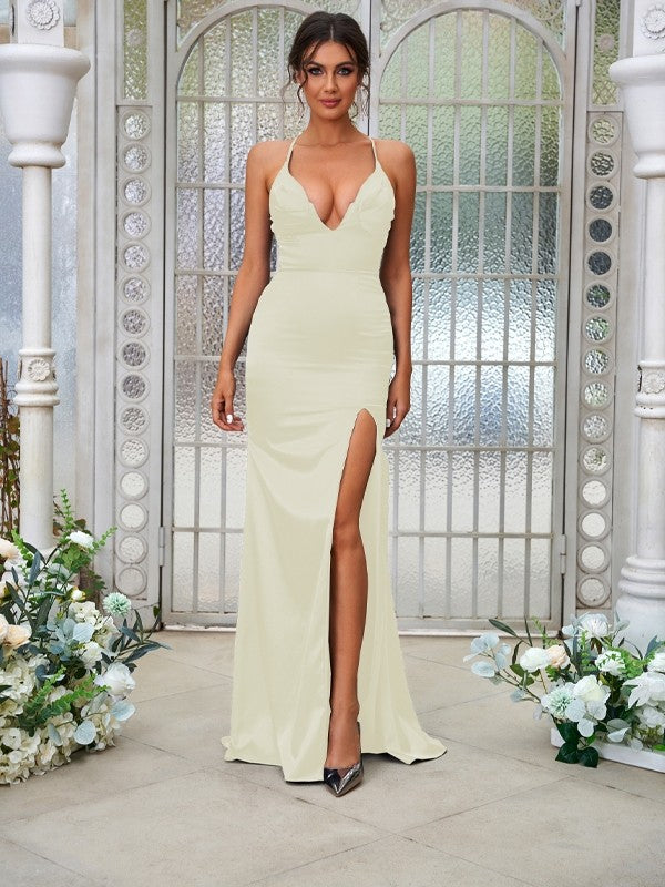 Sheath/Column Silk like Satin Ruched V-neck Sleeveless Sweep/Brush Train Bridesmaid Dresses Evening Dress