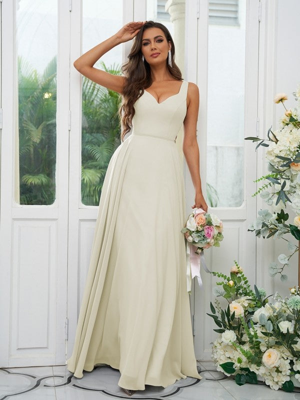 A-Line/Princess Chiffon Ruffles V-neck Sleeveless Floor-Length Bridesmaid Dresses Evening Dress
