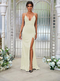 Sheath/Column Silk like Satin Ruched V-neck Sleeveless Sweep/Brush Train Bridesmaid Dresses Evening Dress