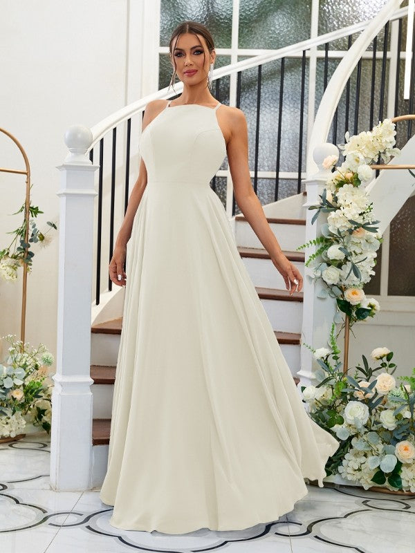 A-Linie/Princess-Linie Chiffon Rüschen Neckholder Ärmellos Bodenlang Brautjungfernkleider Abendkleid