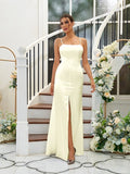 A-Line/Princess Silk like Satin Ruffles Spaghetti Straps Sleeveless Floor-Length Bridesmaid Dresses Evening Dress