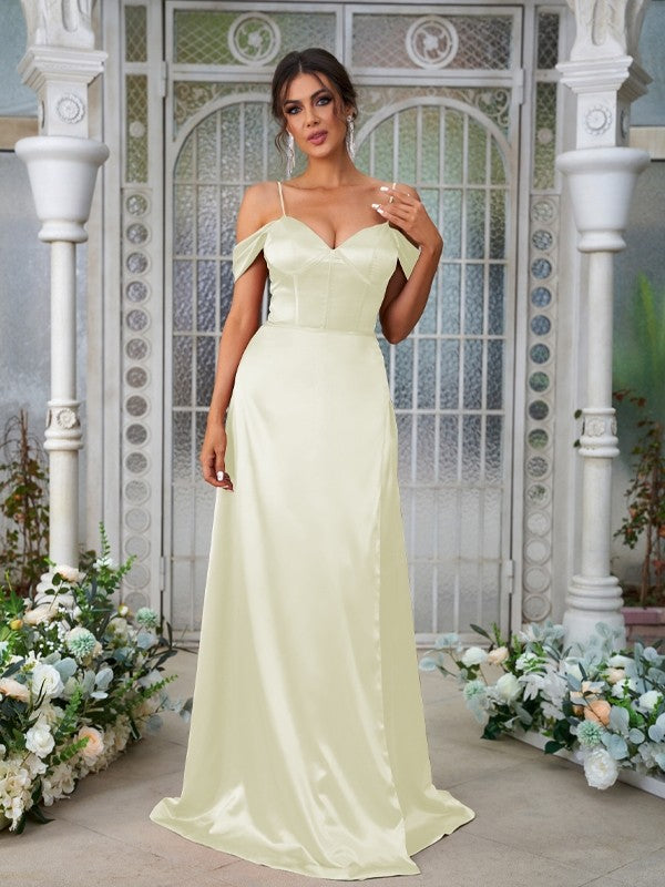A-Line/Princess Silk like Satin Ruched Sweetheart Sleeveless Sweep/Brush Train Bridesmaid Dresses Evening Dress