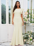 Sheath/Column Stretch Crepe Ruffles Scoop Short Sleeves Sweep/Brush Train Bridesmaid Dresses Evening Dress