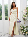A-Line/Princess Stretch Crepe Ruched V-neck Sleeveless Floor-Length Bridesmaid Dresses Evening Dress