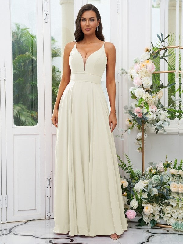 A-Line/Princess Chiffon Ruffles V-neck Sleeveless Floor-Length Bridesmaid Dresses Evening Prom Dress