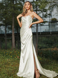 Sheath/Column Silk like Satin Ruched Sweetheart Sleeveless Sweep/Brush Train Bridesmaid Dresses Evening Dress