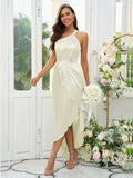 A-Line/Princess Silk like Satin Ruched One-Shoulder Sleeveless Tea-Length Bridesmaid Dresses Evening Prom Dress
