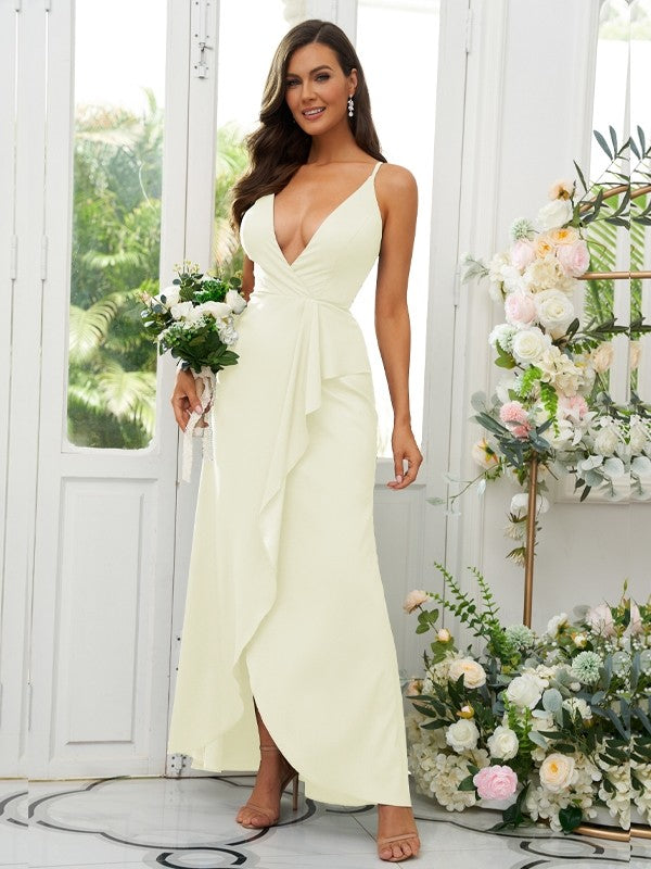 A-Line/Princess Silk like Satin Ruffles V-neck Sleeveless Floor-Length Bridesmaid Dresses Prom Dress