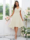 Vestido de dama de honor asimétrico de corte A/princesa, de gasa, con volantes, escote en V y mangas cortas, ideal para invitadas de boda y graduación.