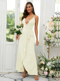 A-Line/Princess Silk like Satin Ruffles V-neck Sleeveless Floor-Length Bridesmaid Dresses Prom Dress
