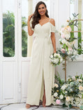 A-Line/Princess Chiffon Ruched V-neck Short Sleeves Floor-Length Bridesmaid Dresses Evening Dress
