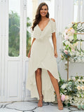 A-Line/Princess Chiffon Ruffles V-neck Short Sleeves Asymmetrical Bridesmaid Dresses Prom Dress