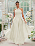 A-Linie/Princess-Linie Chiffon Rüschen Neckholder Ärmellos Bodenlang Brautjungfernkleider Abendkleid