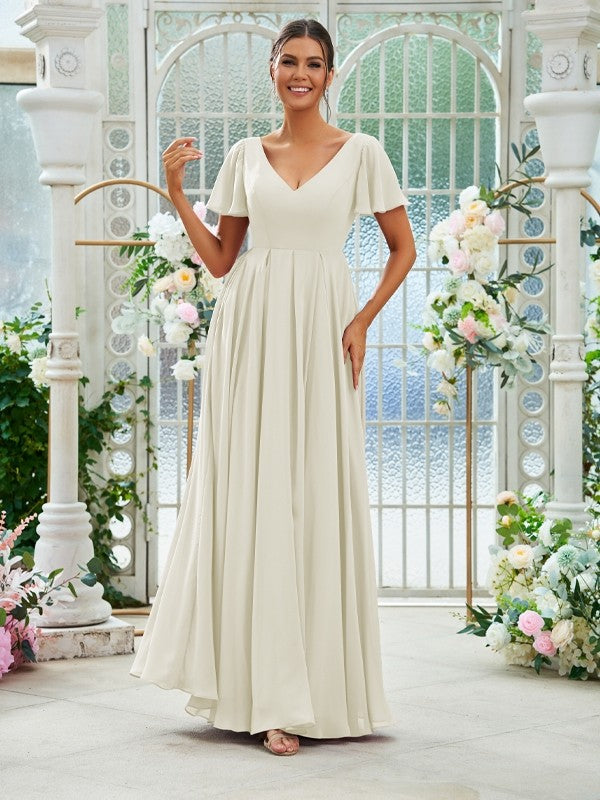 A-Line/Princess Chiffon Ruffles V-neck Short Sleeves Floor-Length Bridesmaid Dresses Evening Prom Dress