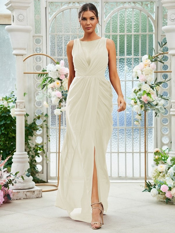 Sheath/Column Chiffon Ruched Scoop Sleeveless Floor-Length Bridesmaid Dresses Evening Dress