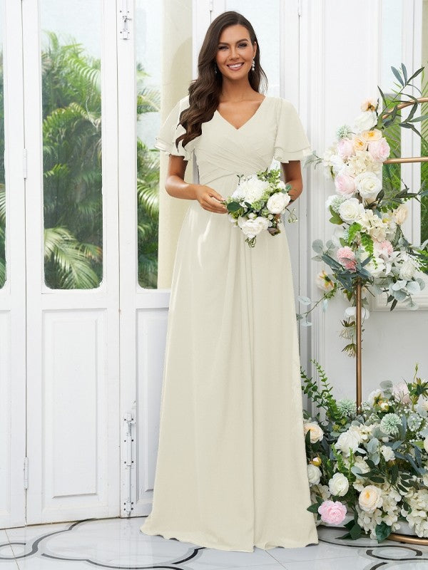 A-Line/Princess Chiffon Ruffles V-neck Short Sleeves Floor-Length Bridesmaid Dresses Evening Dress