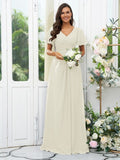 A-Line/Princess Chiffon Ruffles V-neck Short Sleeves Floor-Length Bridesmaid Dresses Evening Dress