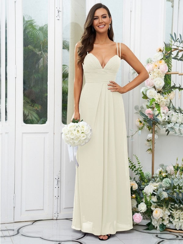 A-Line/Princess Chiffon Ruched V-neck Sleeveless Floor-Length Bridesmaid Dresses Evening Prom Dress