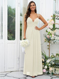 A-Line/Princess Chiffon Ruched V-neck Sleeveless Floor-Length Bridesmaid Dresses Evening Prom Dress