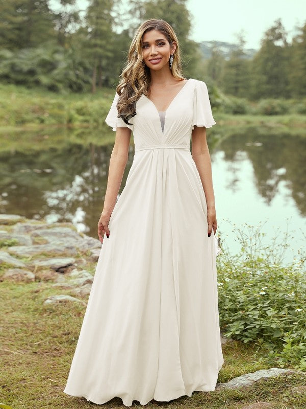 A-Line/Princess Chiffon Ruffles V-neck Short Sleeves Floor-Length Bridesmaid Dresses Evening Prom Dress