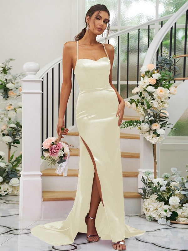 Sheath/Column Silk like Satin Ruched Square Sleeveless Sweep/Brush Train Bridesmaid Dresses Evening Dress