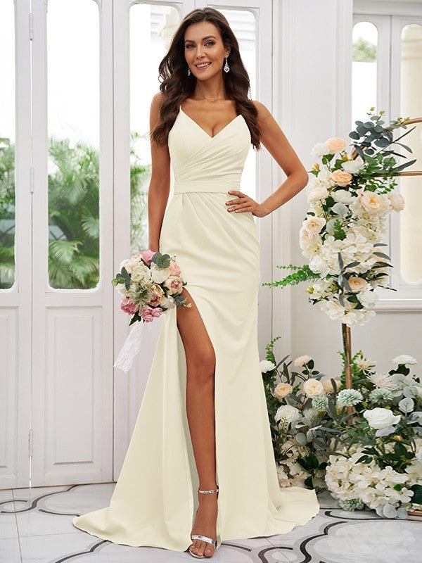 Sheath/Column Stretch Crepe Ruched V-neck Sleeveless Sweep/Brush Train Bridesmaid Dresses Evening Dress