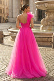 A-Line One Shoulder Long Tulle Prom Dress with Ruffles