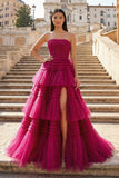 A-Line Strapless Tulle Long Prom Dress with Tiered Ruffles