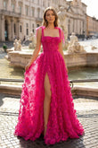 Fuchsia - Elegant A-line 3D Flower Tulle Prom Dress With Slit