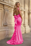 Coral Pink Mermaid V Neck Satin Open Back Long Prom Dresses With Bow