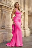 Coral Pink Mermaid V Neck Satin Open Back Long Prom Dresses With Bow