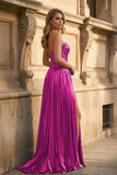 Green Metallic Sweetheart Pleated A-Line Long Prom Dresses
