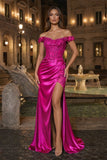 Burgundy Off The Shoulder Mermaid Beaded Satin Long Prom Dresses With Appliques